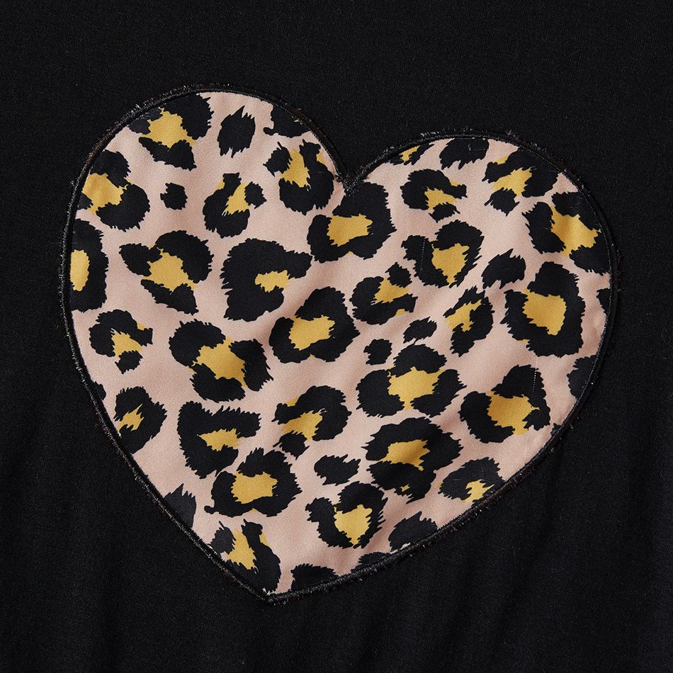 2-piece Kid Girl Leopard Heart Print Black Pullover Sweatshirt and Patchwork Ripped Jeans Denim Pants Set Light Blue big image 3