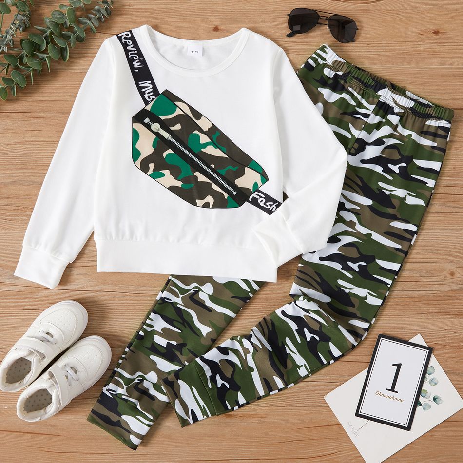 2-piece Kid Boy Camouflage Bag Print Pullover Sweatshirt and Pants Set White