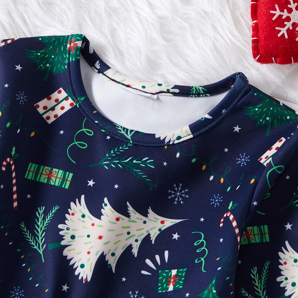 Kid Girl Bowknot Design Christmas Tree Print/Houndstooth Long-sleeve Dress Blue big image 2