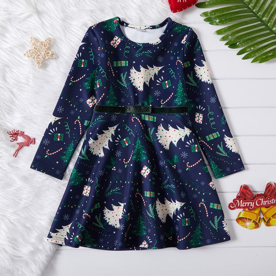Kid Girl Bowknot Design Christmas Tree Print/Houndstooth Long-sleeve Dress Blue