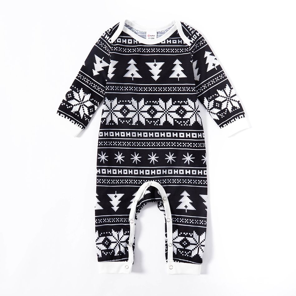 Christmas All Over Print Black Family Matching Long-sleeve Pajamas Sets (Flame Resistant) Black/White big image 11