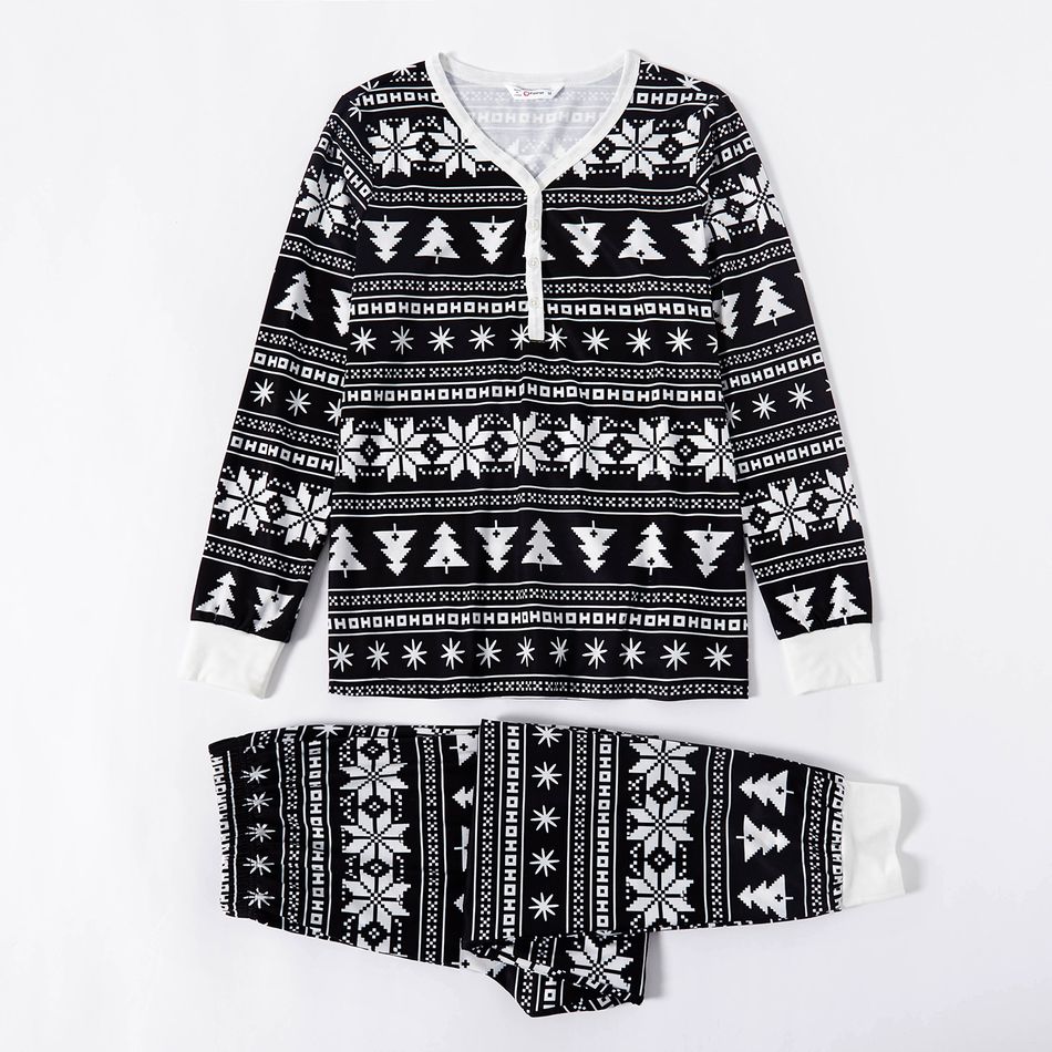 Christmas All Over Print Black Family Matching Long-sleeve Pajamas Sets (Flame Resistant) Black/White big image 3