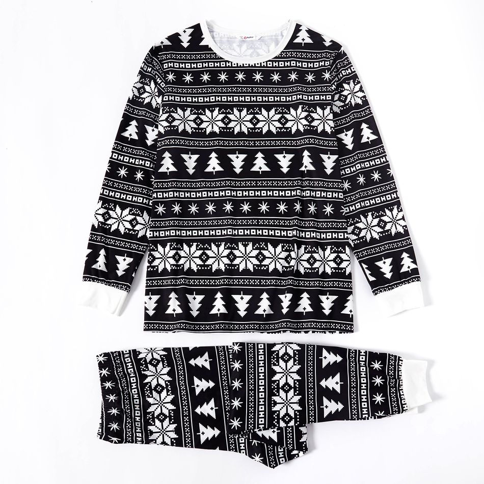 Christmas All Over Print Black Family Matching Long-sleeve Pajamas Sets (Flame Resistant) Black/White big image 2