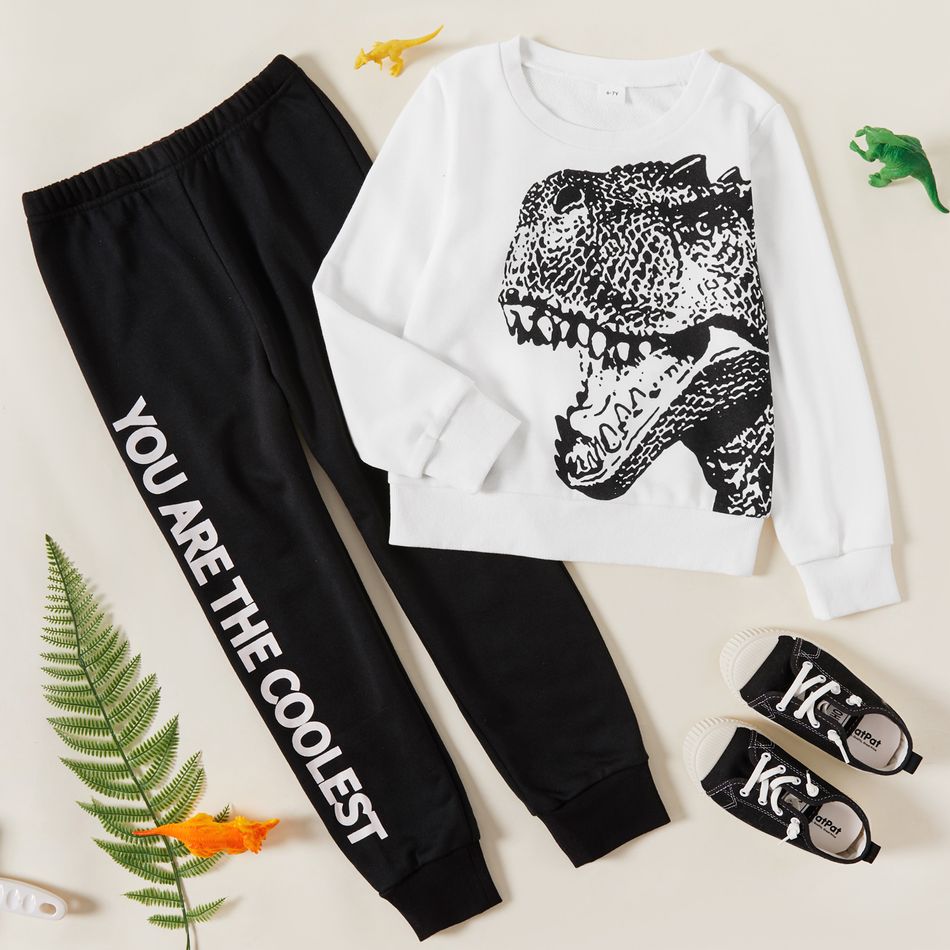 2-piece Kid Boy Animal Dinosaur Print Pullover Sweatshirt and Letter Print Pants Set White big image 1