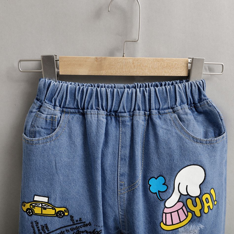 Kid Girl Letter Cartoon Print Ripped Jeans Denim Pants Blue big image 4