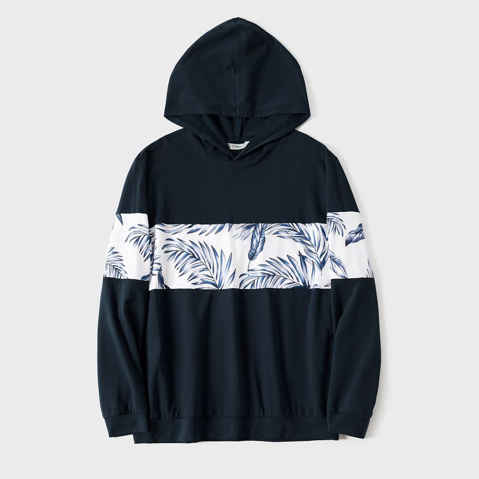 V-neck Solid Splice Plant Print and Hooded Long-sleeve Family Matching Dark Blue Sets Dark Blue big image 8
