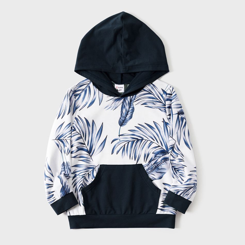 V-neck Solid Splice Plant Print and Hooded Long-sleeve Family Matching Dark Blue Sets Dark Blue big image 12