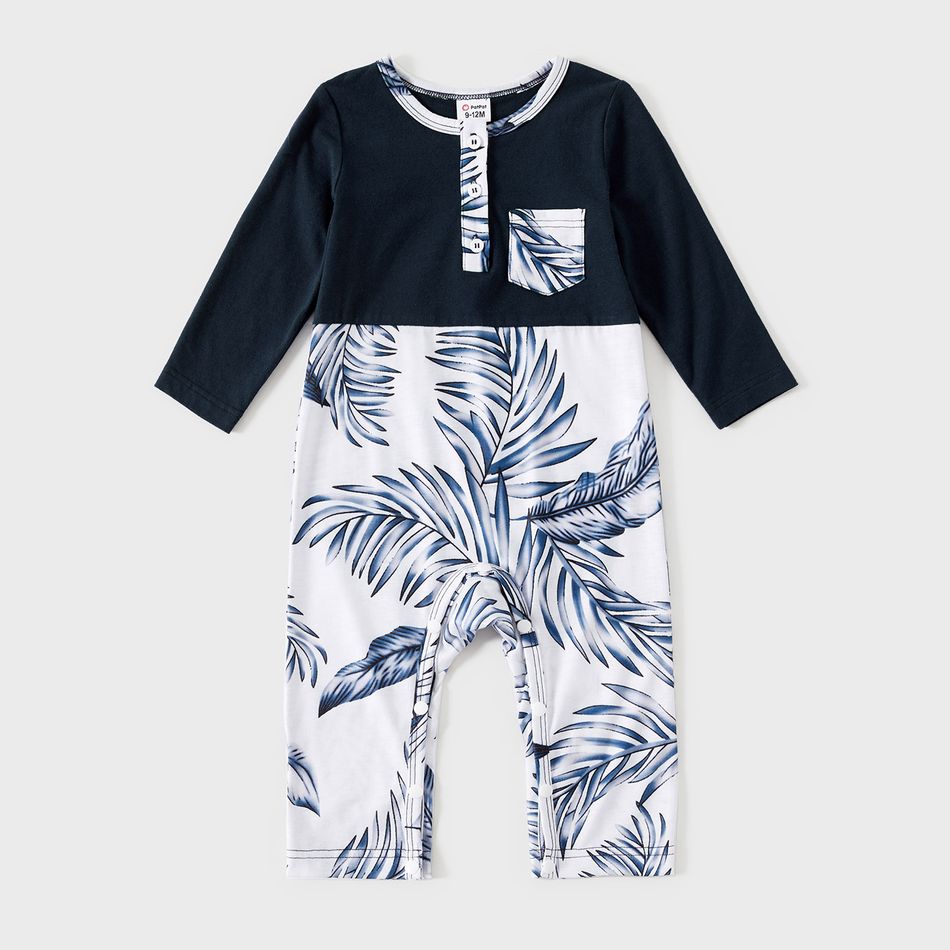 V-neck Solid Splice Plant Print and Hooded Long-sleeve Family Matching Dark Blue Sets Dark Blue big image 14