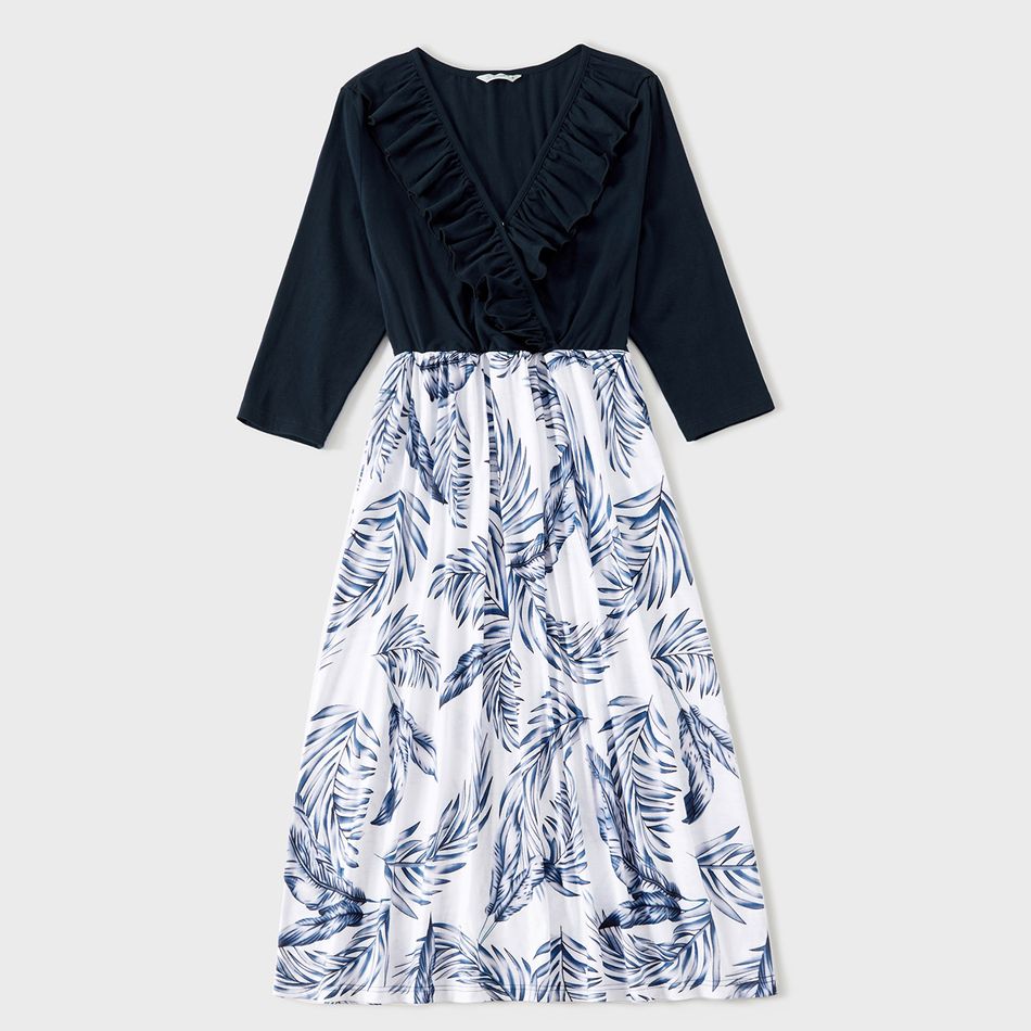 V-neck Solid Splice Plant Print and Hooded Long-sleeve Family Matching Dark Blue Sets Dark Blue big image 2
