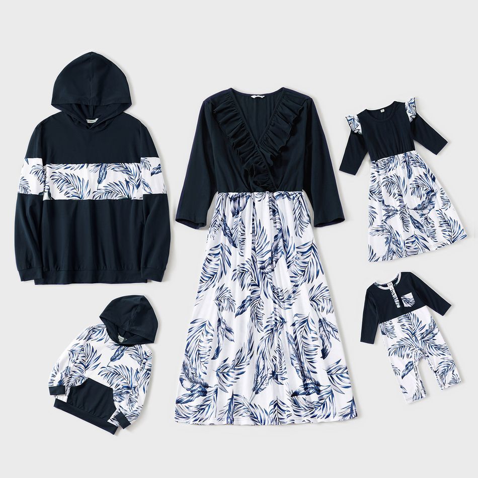 V-neck Solid Splice Plant Print and Hooded Long-sleeve Family Matching Dark Blue Sets Dark Blue