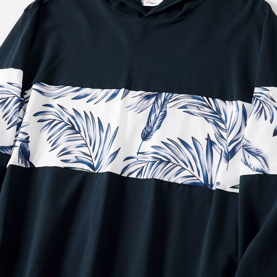 V-neck Solid Splice Plant Print and Hooded Long-sleeve Family Matching Dark Blue Sets Dark Blue big image 9