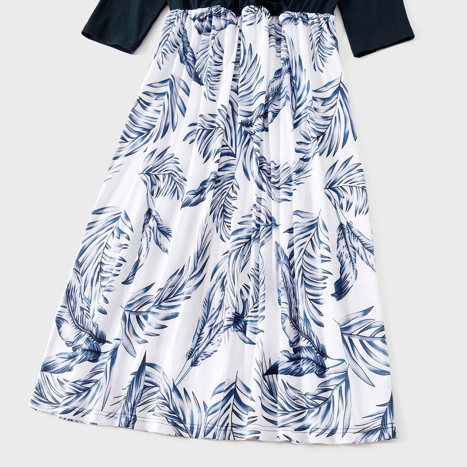 V-neck Solid Splice Plant Print and Hooded Long-sleeve Family Matching Dark Blue Sets Dark Blue big image 5