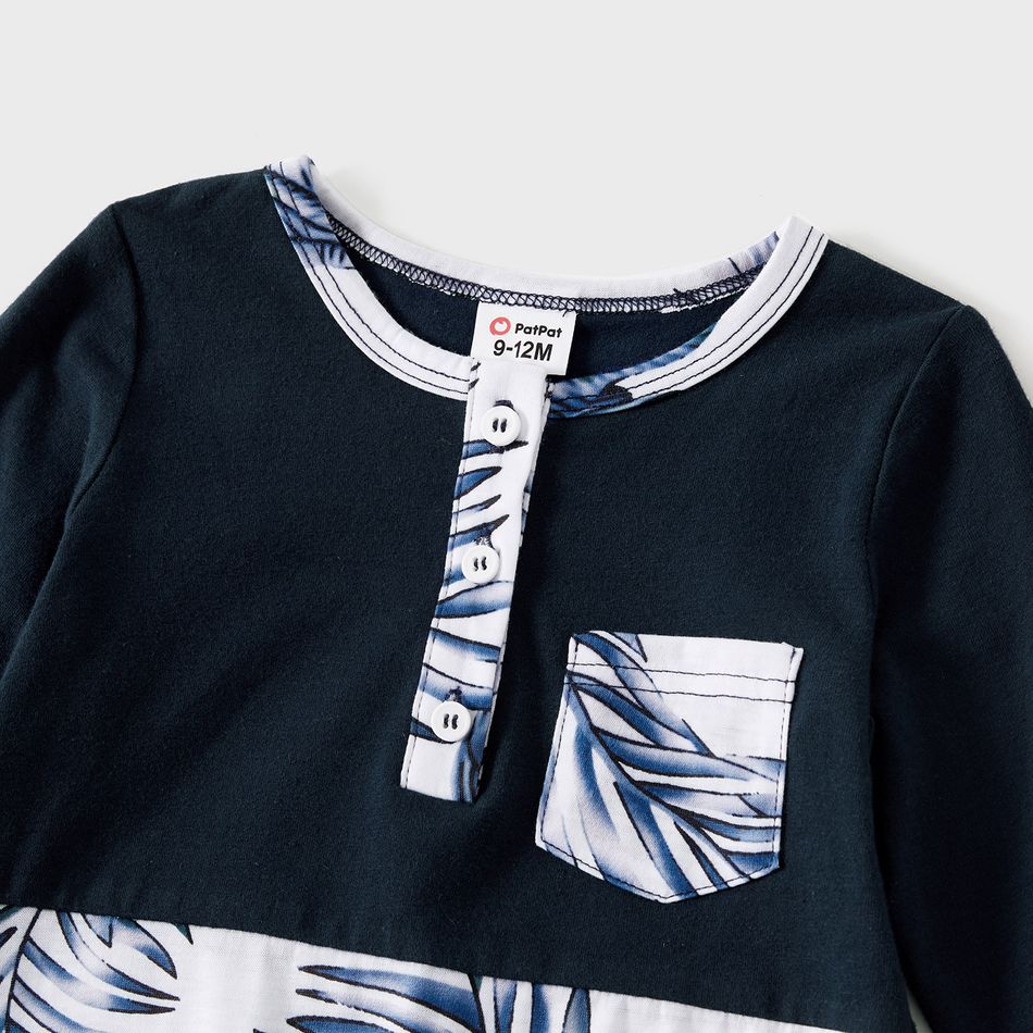 V-neck Solid Splice Plant Print and Hooded Long-sleeve Family Matching Dark Blue Sets Dark Blue big image 15
