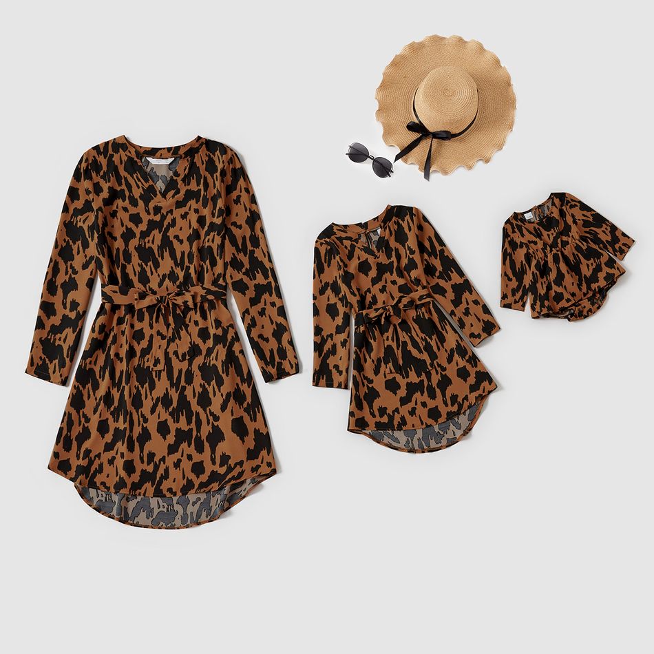 Leopard V Neck Long-sleeve Belted Mini Dress for Mom and Me Ginger