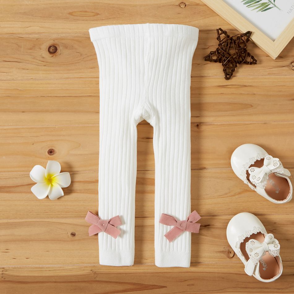 100% Cotton Solid Ribbed Bowknot Baby Stretchy Leggings White big image 1