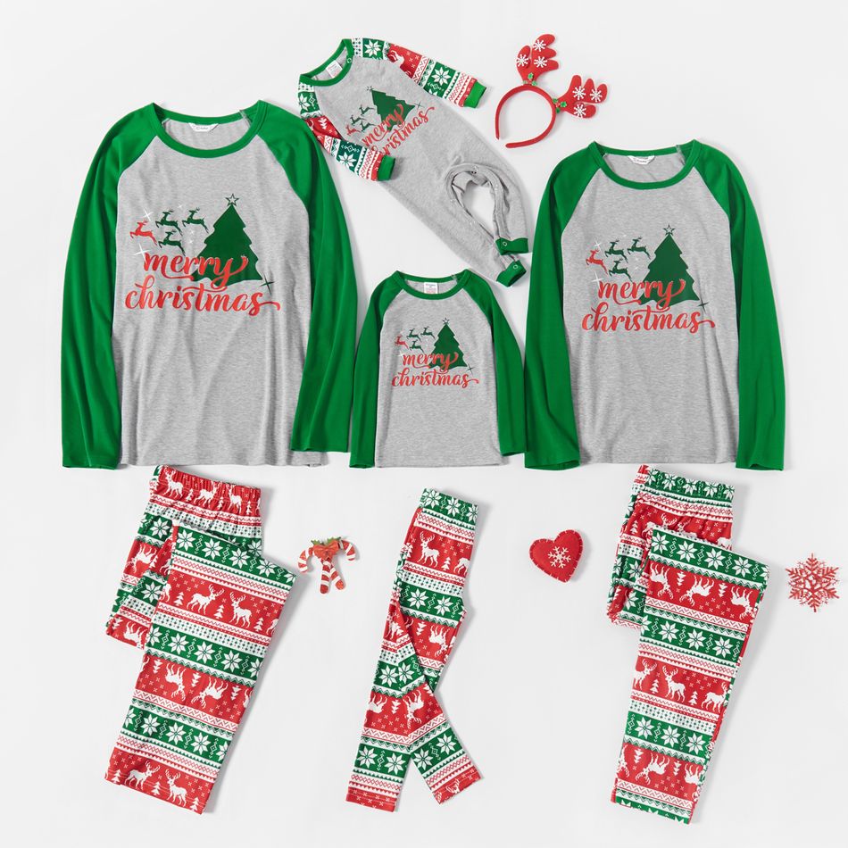 Christmas Reindeer Tree and Letter Print Snug Fit Family Matching Raglan Long-sleeve Pajamas Sets Green