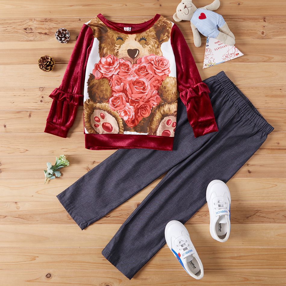2-piece Kid Girl Floral Bear Print Ruffled Velvet Pullover and Solid Pants Set Burgundy