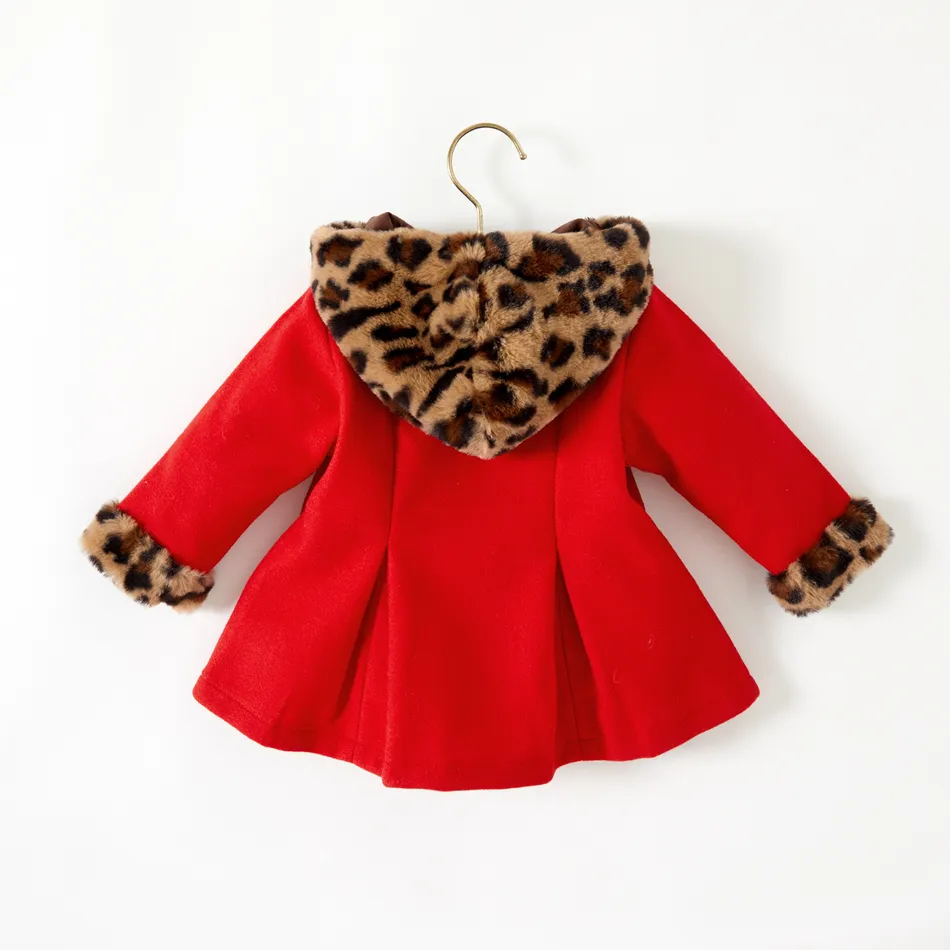 Baby Red Long-sleeve Button Leopard Hooded Wool Blend Coat Red