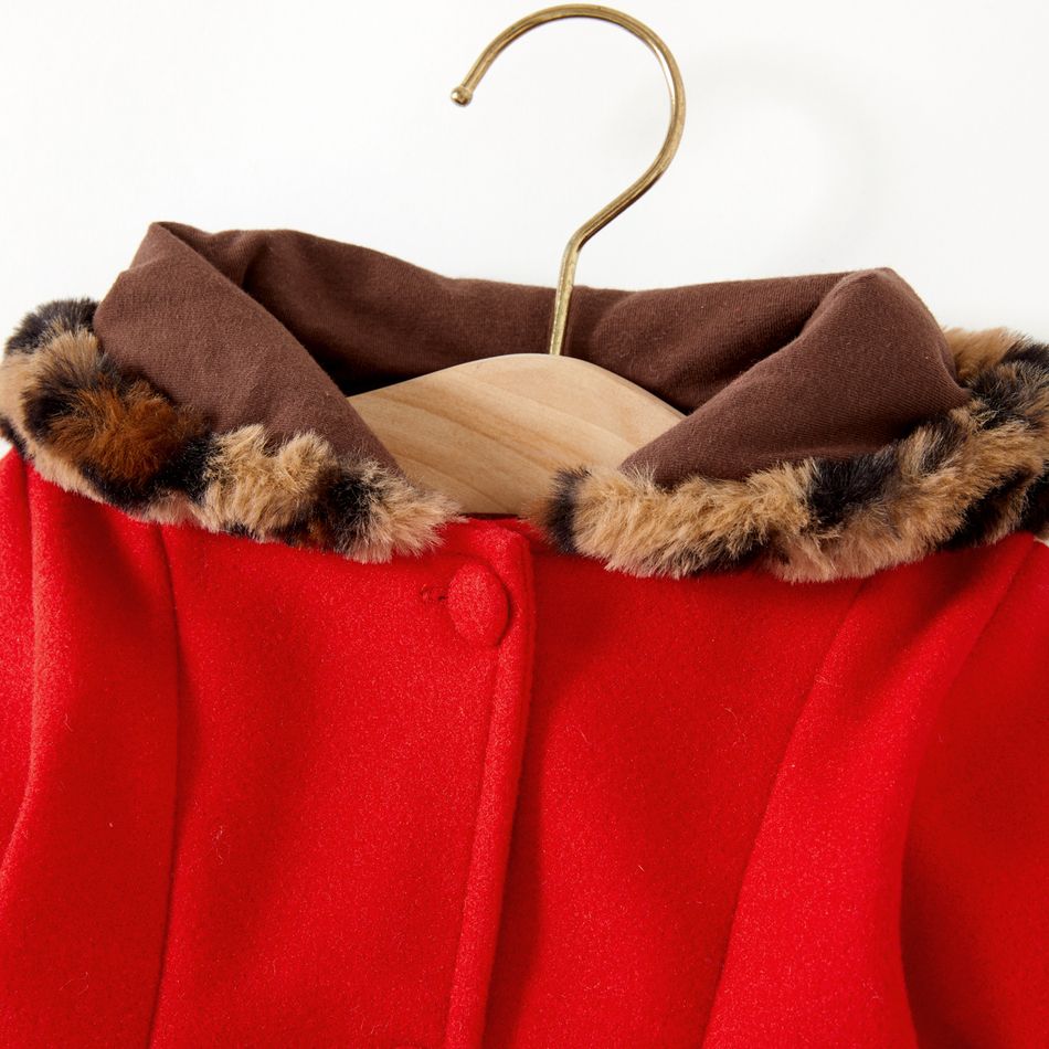 Baby Red Long-sleeve Button Leopard Hooded Wool Blend Coat Red big image 2