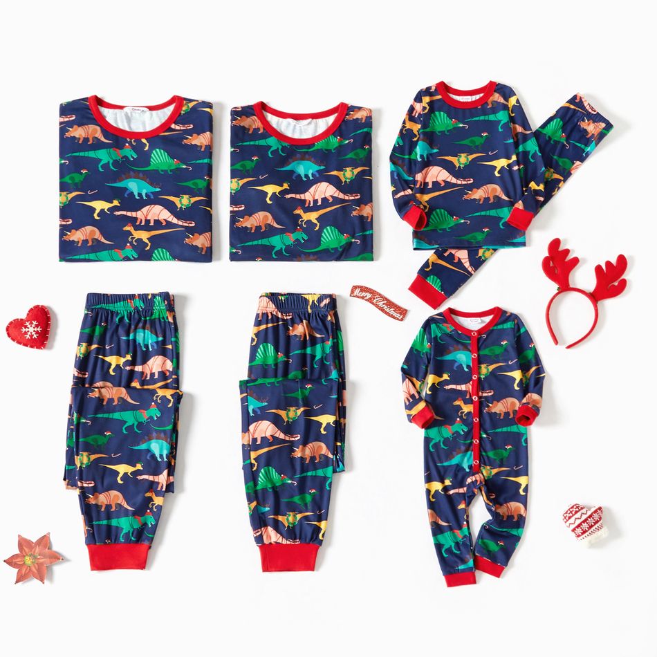 Christmas All Over Dinosaur Print Snug Fit Family Matching Long-sleeve Pajamas Sets Black