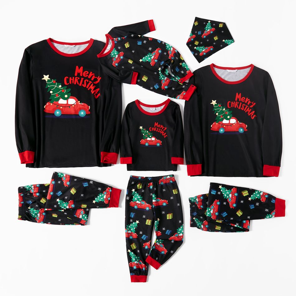 Christmas Car and Letter Print Black Family Matching Long-sleeve Pajamas Sets (Flame Resistant) Black