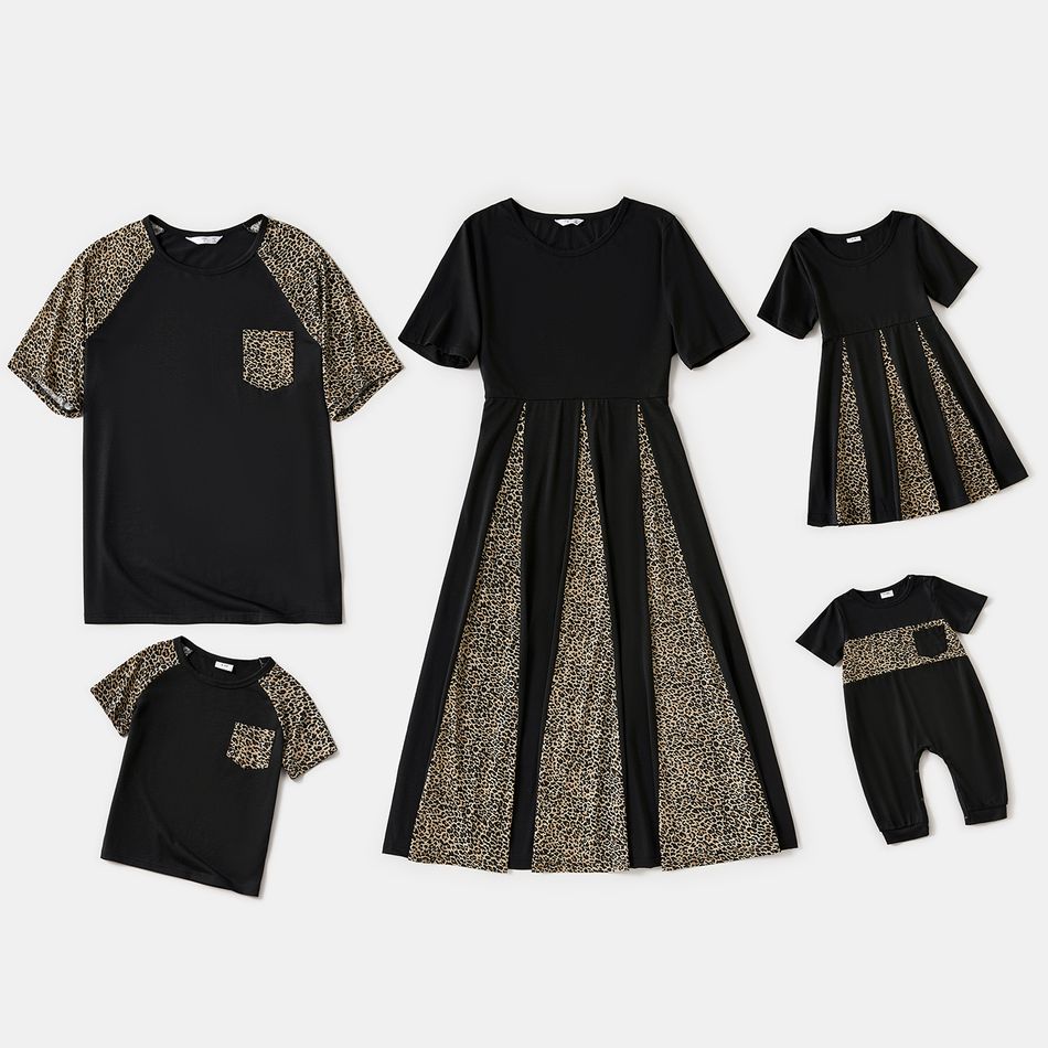 Leopard Splicing Black Round Neck Short-sleeve Dresses and T-shirts Sets Black