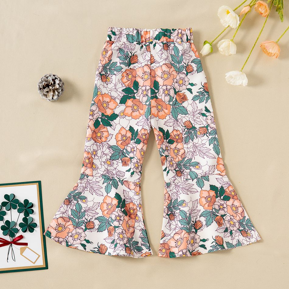 Toddler Girl Casual Elasticized Floral Print Flared Pants White