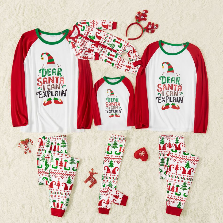 Christmas Elf and Letter Print Snug Fit Red Family Matching Long-sleeve Pajamas Sets Red/White