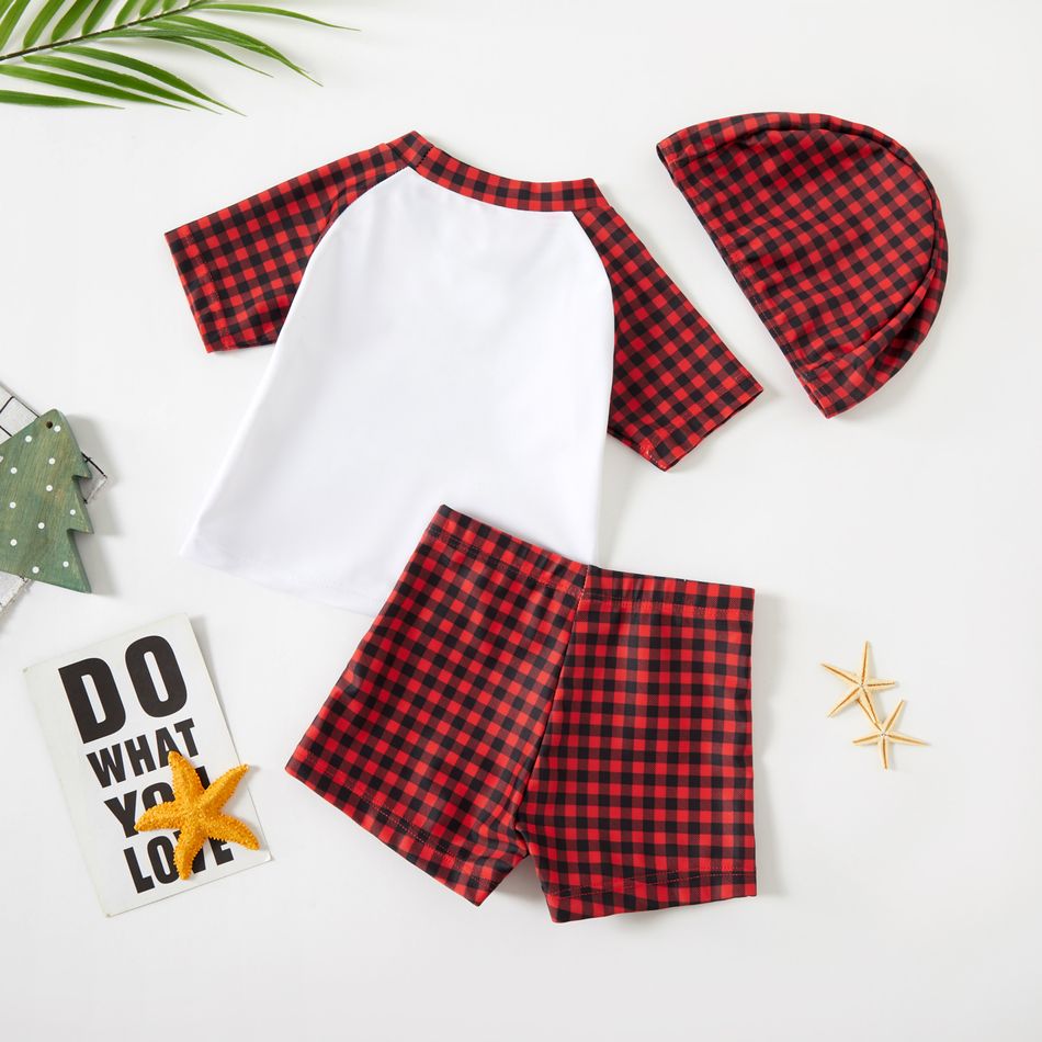 Christmas 3pcs Tree and Letter Print Red Plaid Raglan Short-sleeve T-shirts with Shorts Swimwear Set Red