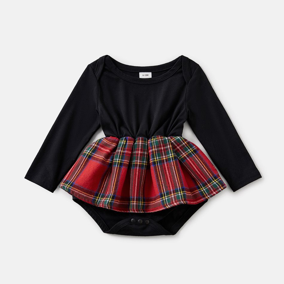 Red Plaid Print Long-sleeve Family Matching Sets(Plaid Splicing Black Belted Dresses) Red big image 6