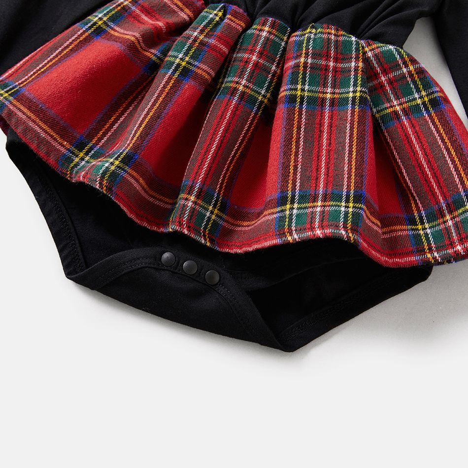 Red Plaid Print Long-sleeve Family Matching Sets(Plaid Splicing Black Belted Dresses) Red big image 9