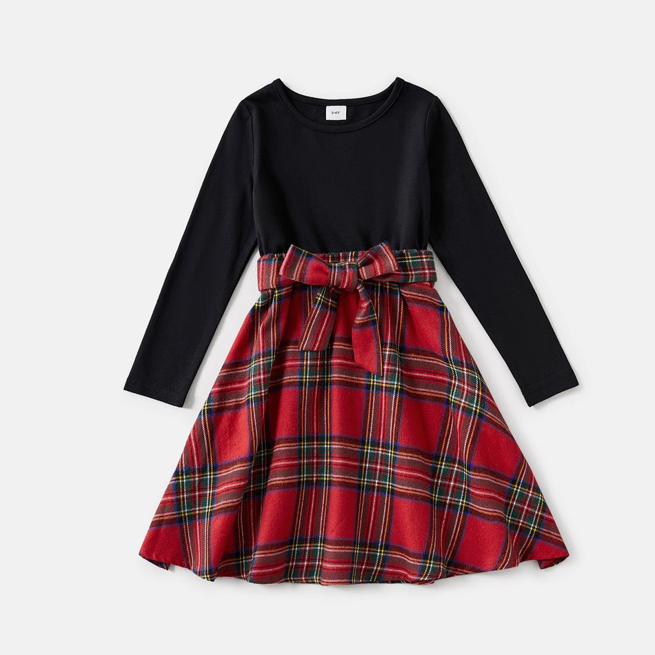 Red Plaid Print Long-sleeve Family Matching Sets(Plaid Splicing Black Belted Dresses) Red big image 4