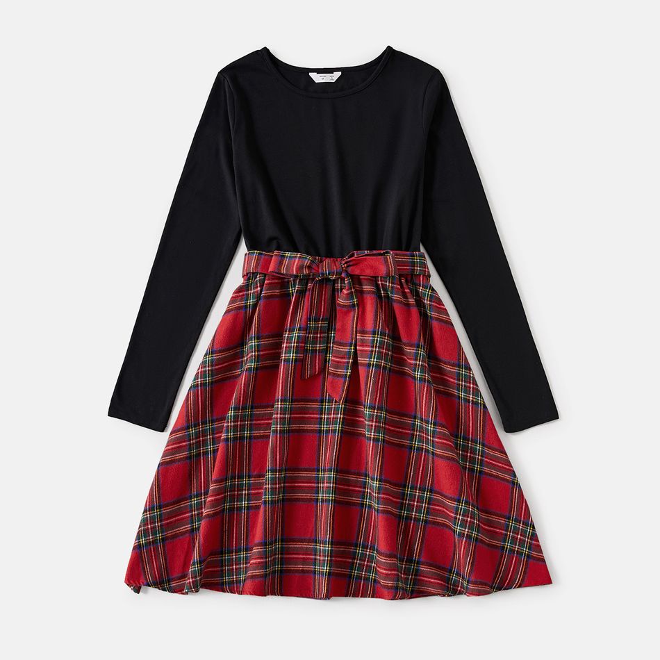 Red Plaid Print Long-sleeve Family Matching Sets(Plaid Splicing Black Belted Dresses) Red big image 2