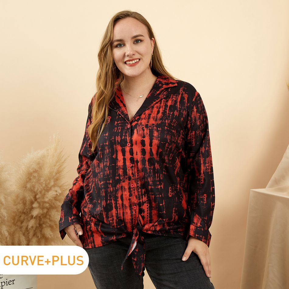 Women Plus Size Elegant Allover Print Button Design Tie Knot Long-sleeve Shirt Orange red