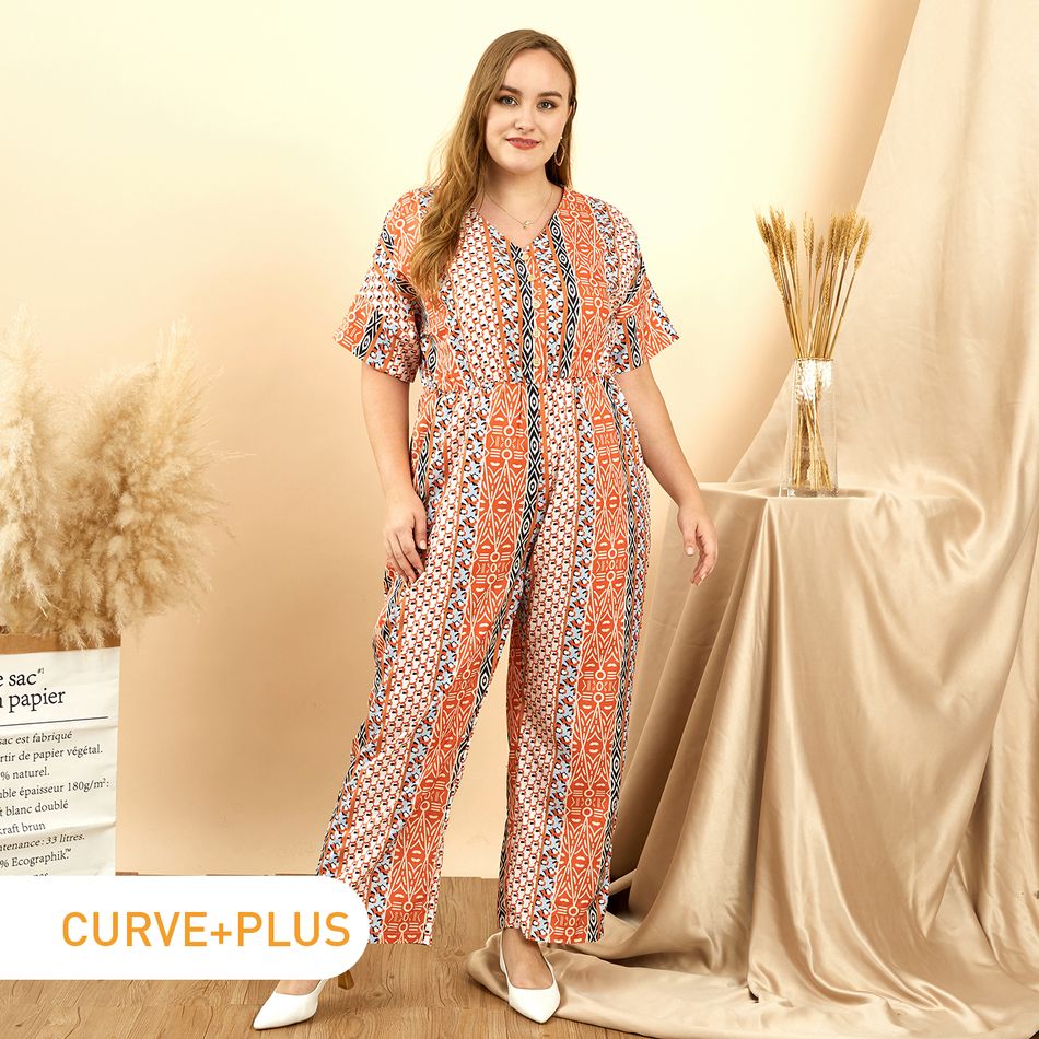 Women Plus Size Elegant V Neck Geo Print Boho Jumpsuit Apricot