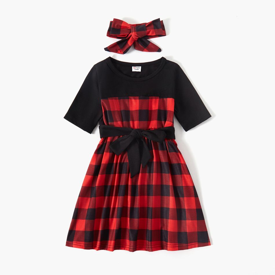 Family Matching Red Plaid Splicing Short-sleeve Belted Dresses and Polo Shirts Sets Color block big image 4