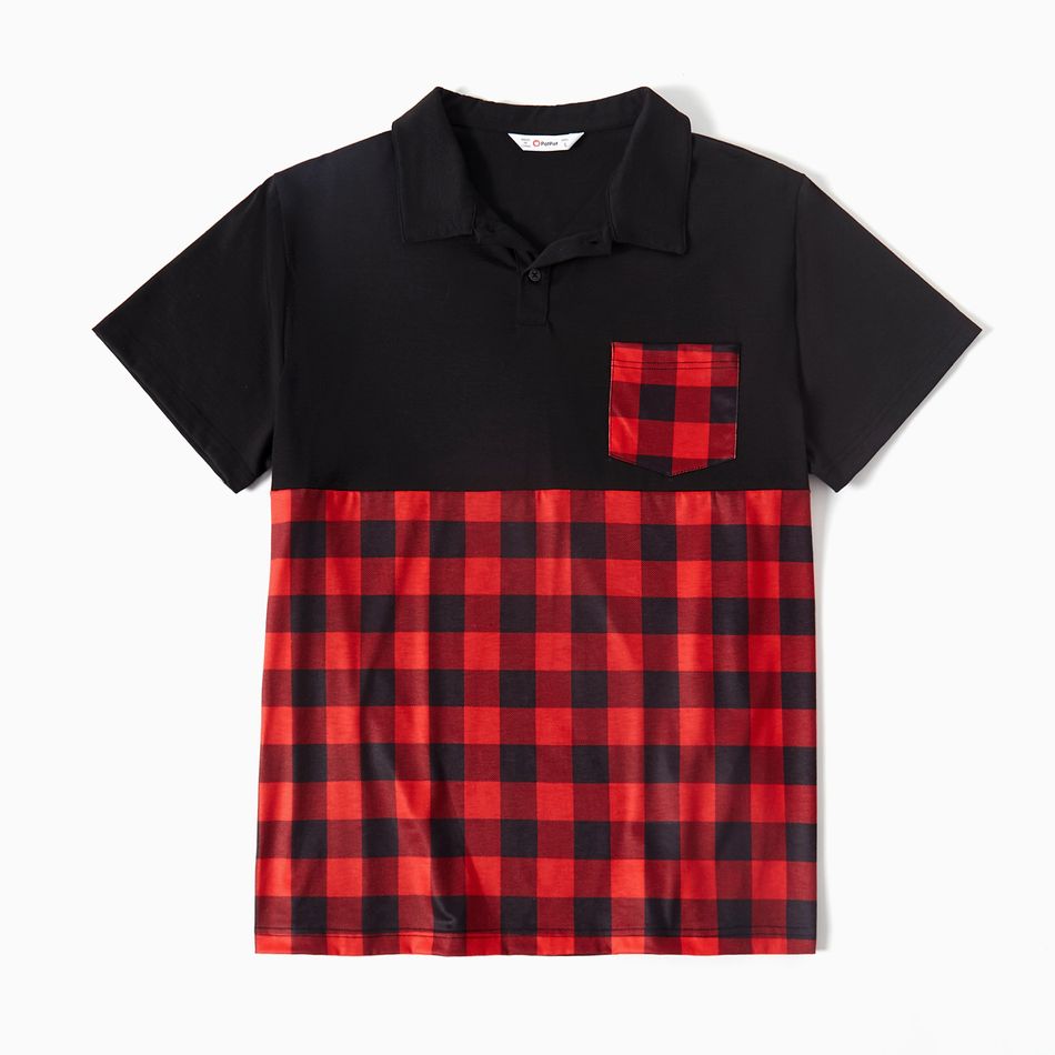 Family Matching Red Plaid Splicing Short-sleeve Belted Dresses and Polo Shirts Sets Color block big image 11