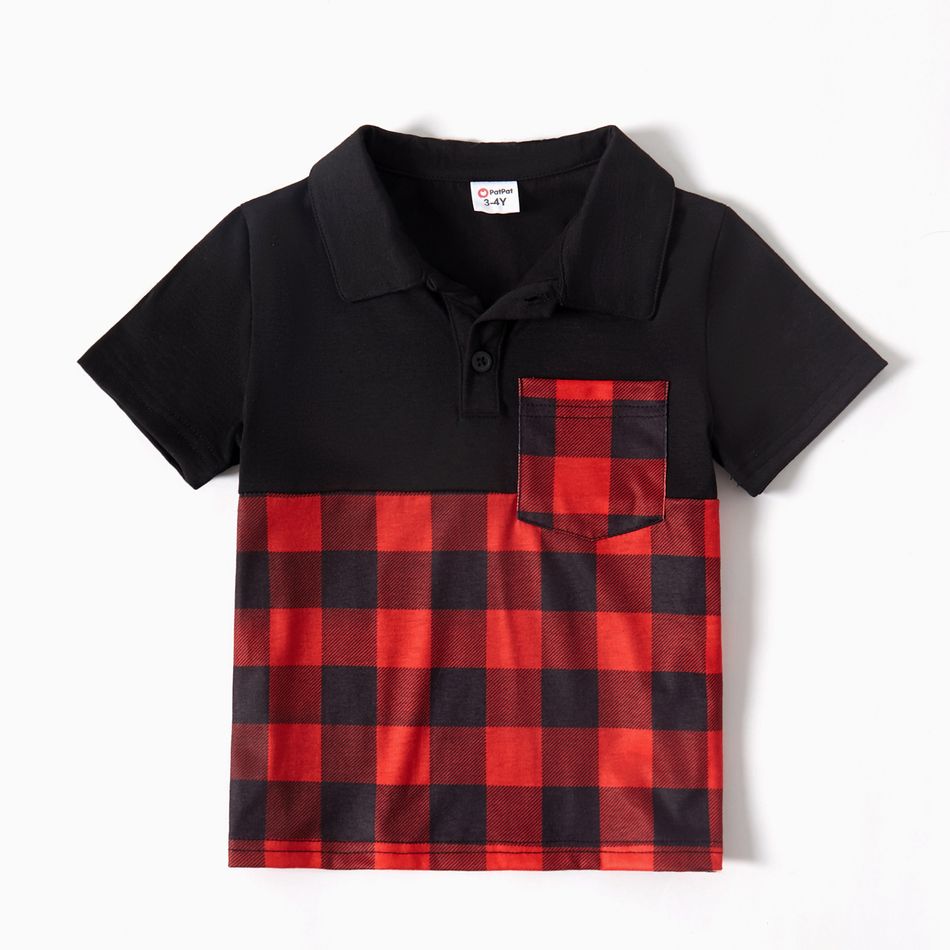 Family Matching Red Plaid Splicing Short-sleeve Belted Dresses and Polo Shirts Sets Color block big image 14