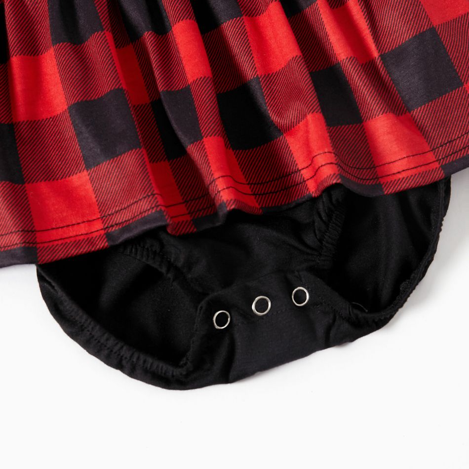 Family Matching Red Plaid Splicing Short-sleeve Belted Dresses and Polo Shirts Sets Color block big image 9