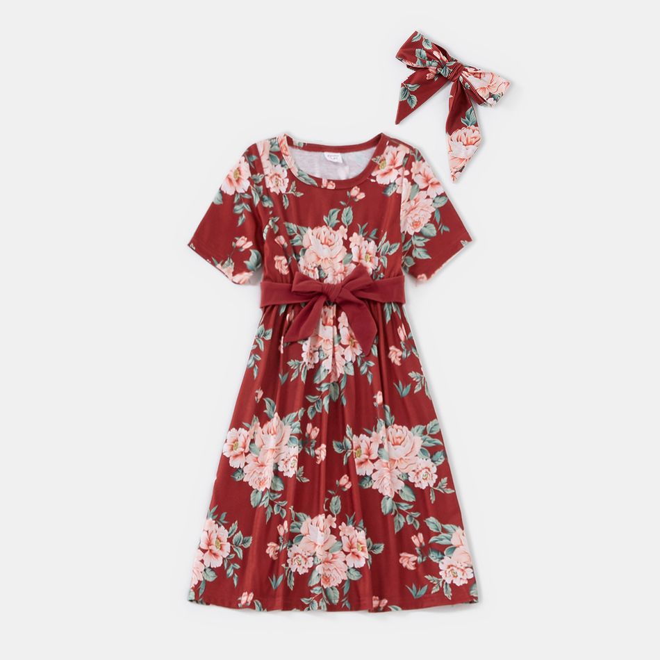 Family Matching Floral Print Belted Midi Dresses and Short-sleeve T-shirts Sets Burgundy big image 3