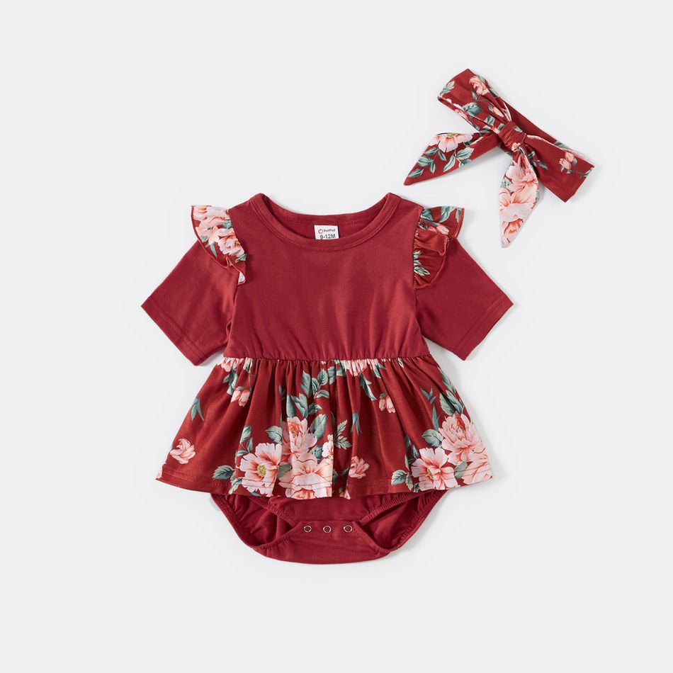 Family Matching Floral Print Belted Midi Dresses and Short-sleeve T-shirts Sets Burgundy big image 5