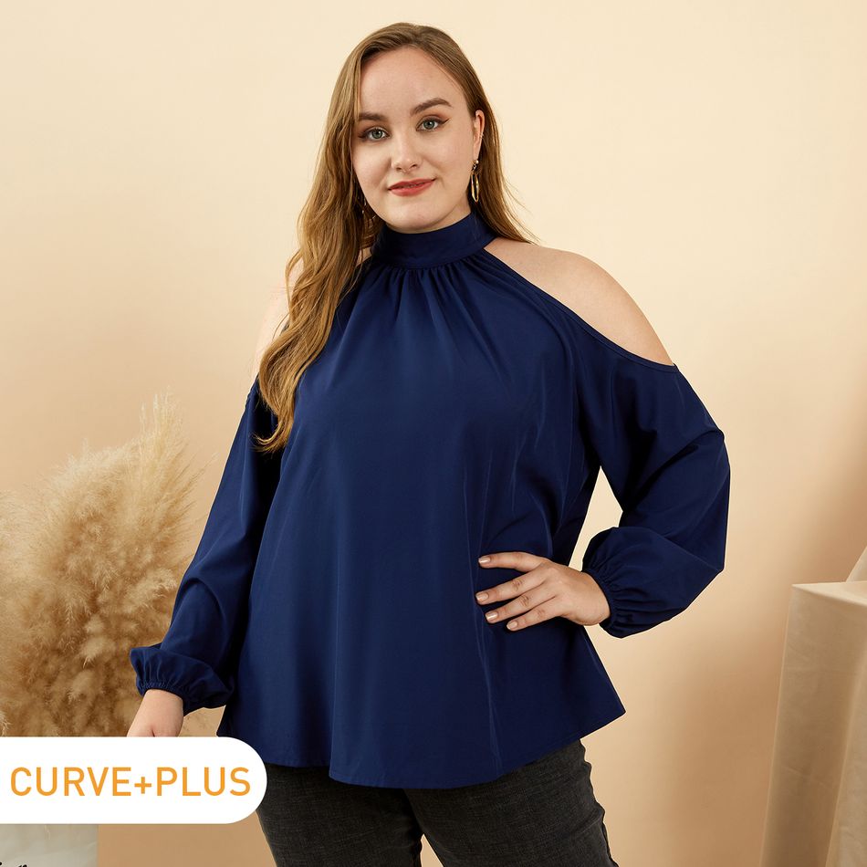 Women Plus Size Elegant Cold Shoulder Halter Long-sleeve Blouse Dark Blue