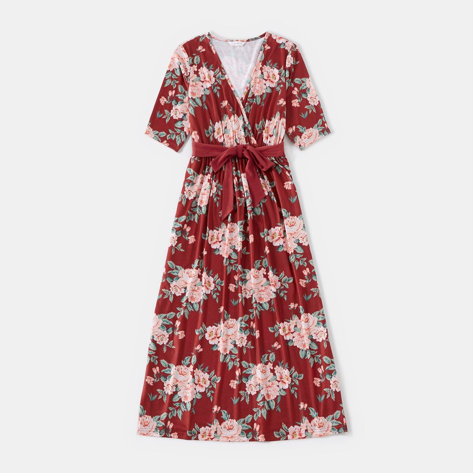 Family Matching Floral Print Belted Midi Dresses and Short-sleeve T-shirts Sets Burgundy big image 2