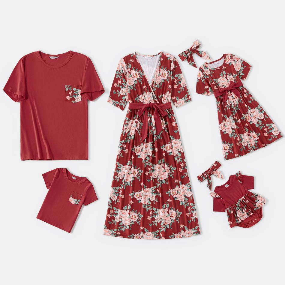 Family Matching Floral Print Belted Midi Dresses and Short-sleeve T-shirts Sets Burgundy big image 1