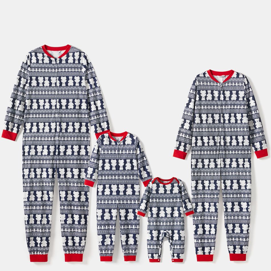 Christmas Bear Print Family Matching Long-sleeve Onesies Pajamas Sets (Flame Resistant) Dark blue/White/Red