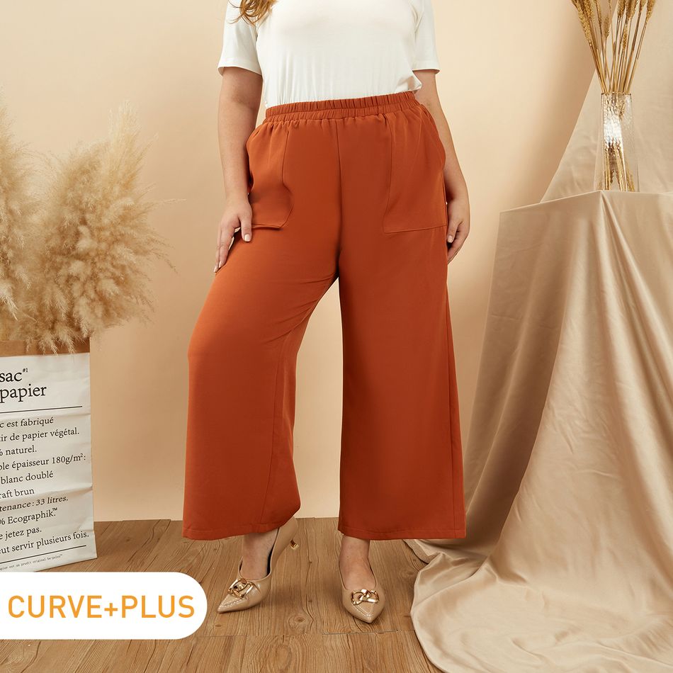 Women Plus Size Casual Pocket Design Elasticized Wide Leg Pants Red