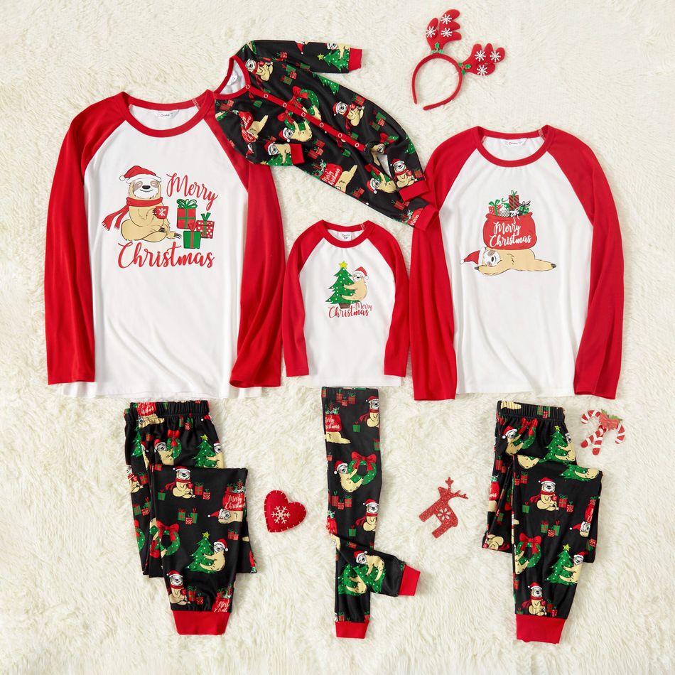 Christmas Sloth and Letter Print Snug Fit Family Matching Red Raglan Long-sleeve Pajamas Sets Red/White