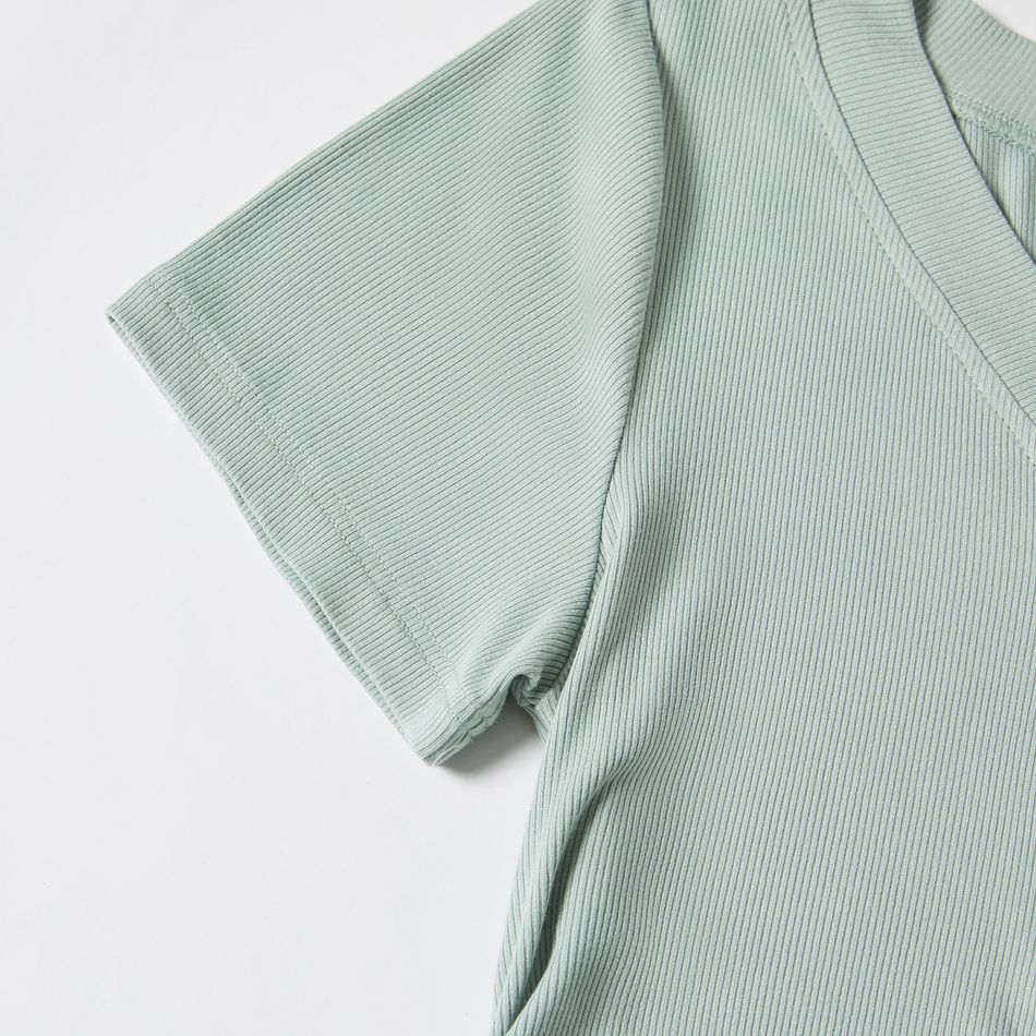 Solid Green Ribbed Short-sleeve Mini Bodycon Ruched Dress for Mom and Me Mint Green big image 6