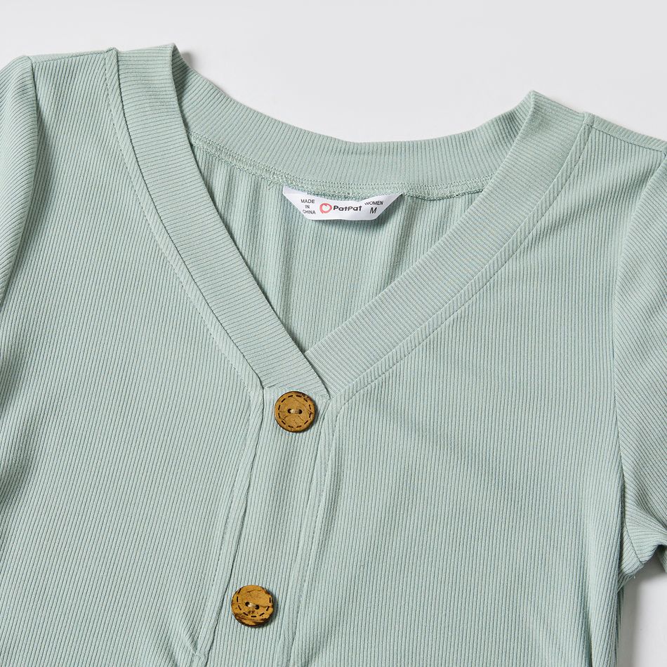 Solid Green Ribbed Short-sleeve Mini Bodycon Ruched Dress for Mom and Me Mint Green big image 5