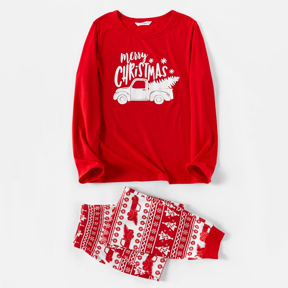Christmas Car and Letter Print Snug Fit Red Family Matching Long-sleeve Pajamas Sets Red big image 4